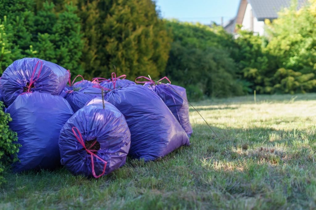 plastic-bags-in-a-yard-24595685 Vibrant purple trash bags stacked in a sunlit garden setting, ideal for spring clean-up visuals.
